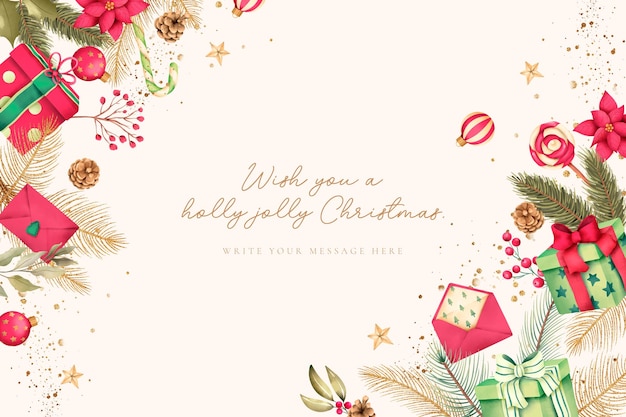 Beautiful Christmas Background with watercolor ornaments and winter nature