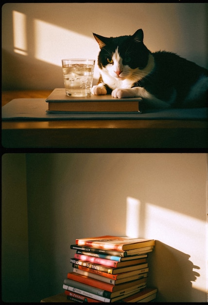 Cat is sitting on a book next to a glass of water.