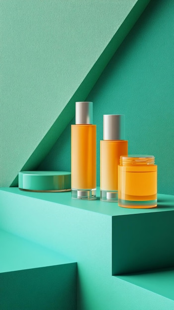 Colorful containers of cosmetics are artistically arranged in shades of orange and teal against a geometric background showcasing a modern design aesthetic