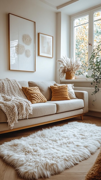 Cozy living room interior with a modern Scandinavian aesthetic featuring a soft gray sofa fluffy white rug and minimalistic wall art