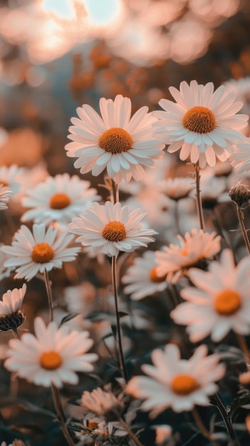 Delicate white and yellow daisies captured in macro with a pastel aesthetic and dreamy background in natural light