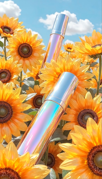 Flowers surrounding iridescent beauty packaging