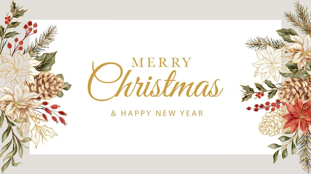 Merry Christmas Flower Gold Watercolor Banner Template