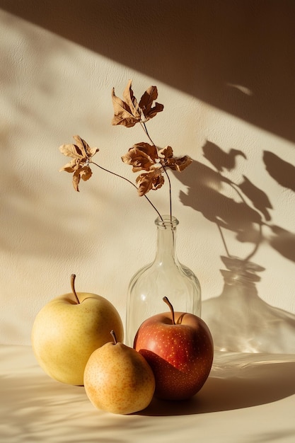 Minimal Aesthetic Photo of An Apple and Glass Bottle Flower Vase Simple Elegance