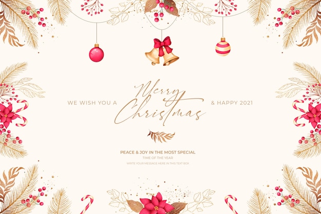 Minimal christmas card with red and golden ornaments