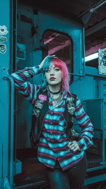 Pop punk aesthetic portrt of woman posing in locomotive