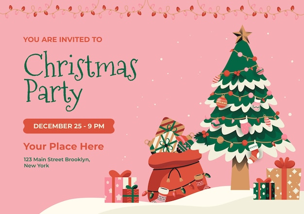 a poster for christmas party with a christmas tree and presents