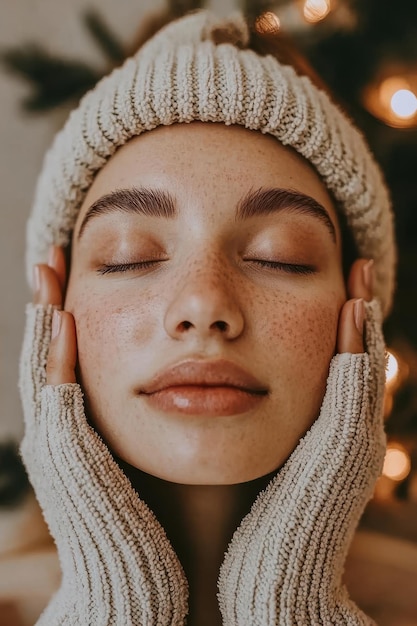 A serene closeup of a woman with closed eyes wearing a cozy hat and gloves surrounded by lights