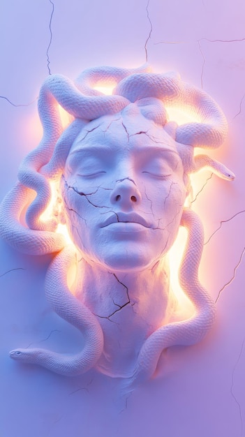 Serene marble face with glowing snakes in soft purple light