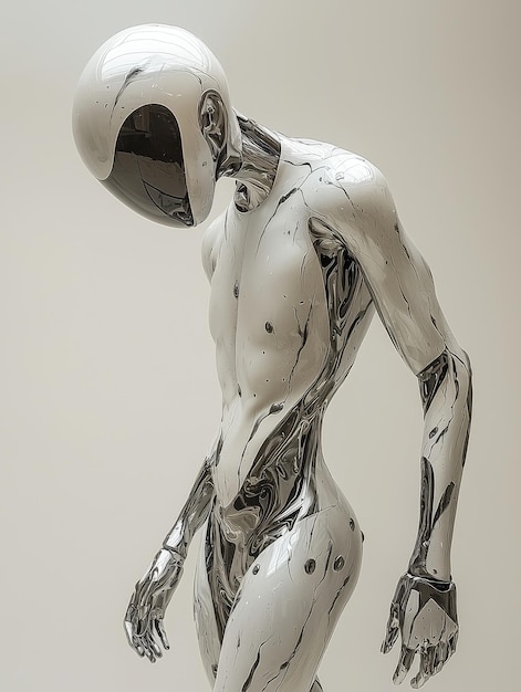 A Striking Humanoid Figure Made of Shifting Liquid Metal Showcasing a Unique Design and Futuristic Aesthetic in a Serene Environment