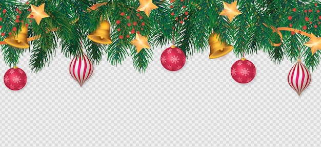 Transparent Christmas background with realistic red baubles