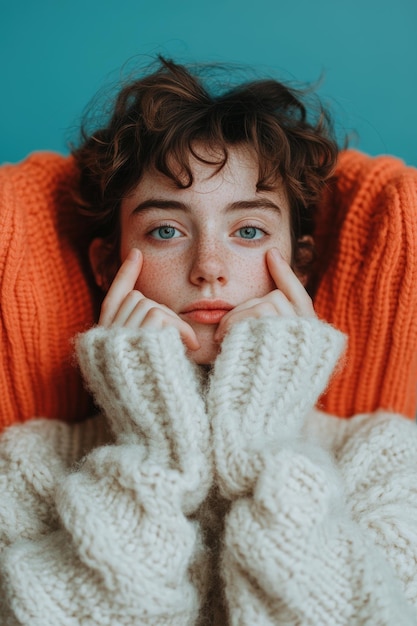 Young person in cozy sweater posing confidently in a colorful indoor setting